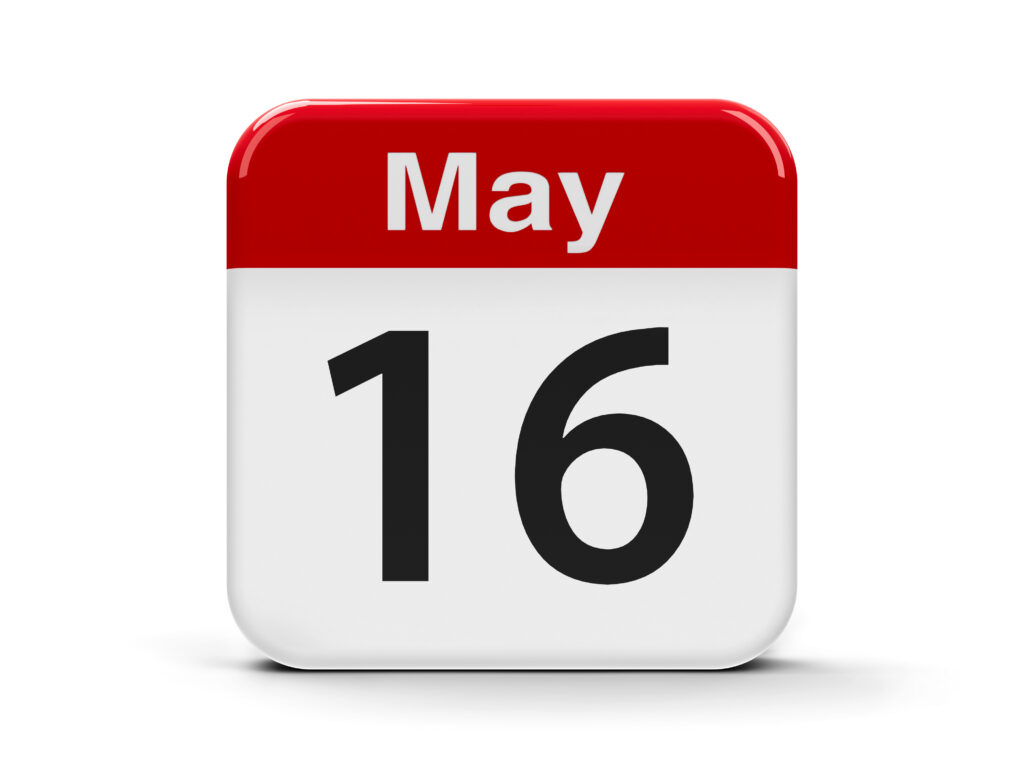 Calendar web button - The Sixteenth of May, three-dimensional rendering, 3D illustration